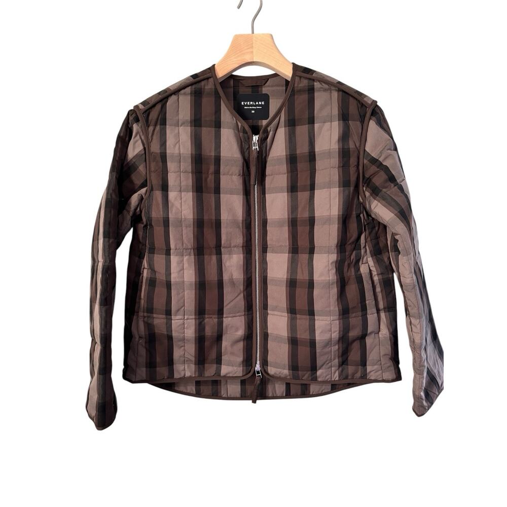Everlane PRIMALOFT Women Brown Plaid Cotton Lined Full Zip Cozy Puffer Jacket XS
